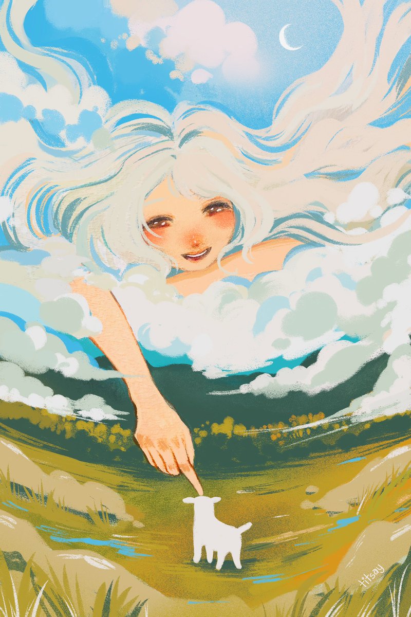 1girl cloud white hair long hair sky outdoors smile  illustration images