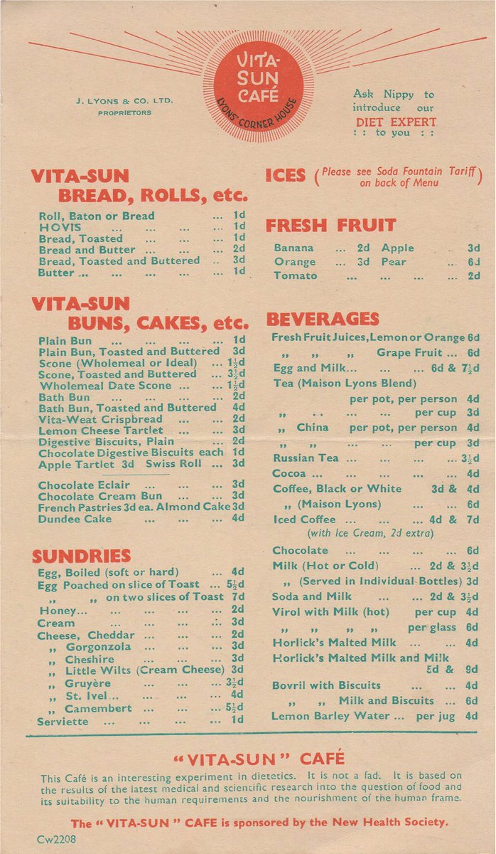 The menu for the Vita Sun Café at the Coventry Street Lyons Cornerhouse, c.1926. The café was sponsored by the New Health Society who’s main aim was ‘to teach the advantages of the right food, fresh air, sunshine and exercise’.

#vitasuncafe #coventrystreet #lyonscornerhouse