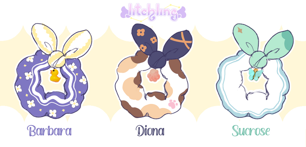 Litchling's tweet photo. I designed these scrunchies a long time ago but I never showed them, I hope you like them!🎀💗
#GenshinImpact #原神 https://t.co/MdoaFYS2aL