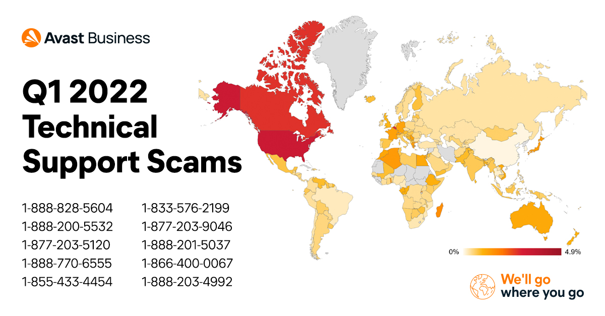 According to our Q1 Threat Report, #technicalsupport #scams with the following fraudulent phone numbers were most prevalent in the U.S., Canada, France, and Germany. Get more insights from our Q1 2022 #ThreatReport ➡️ ava.st/3GlM3pM