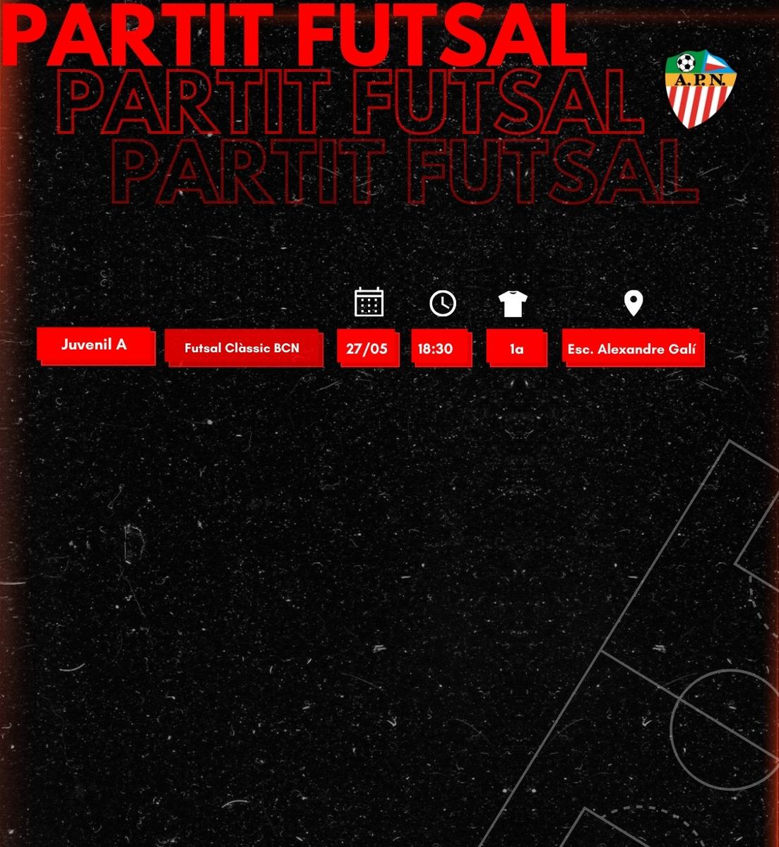 Atenció! Partits del cap de setmana que comencen demà amb la final que disputarà el nostre Futsal a les 18.30 h a la pista de l'Escola Alexandre Galí! Ens hi juguem la lliga o sigui que... impossible no anar-hi i animar! 💪Som-hi Poblenou! 🔴⚪