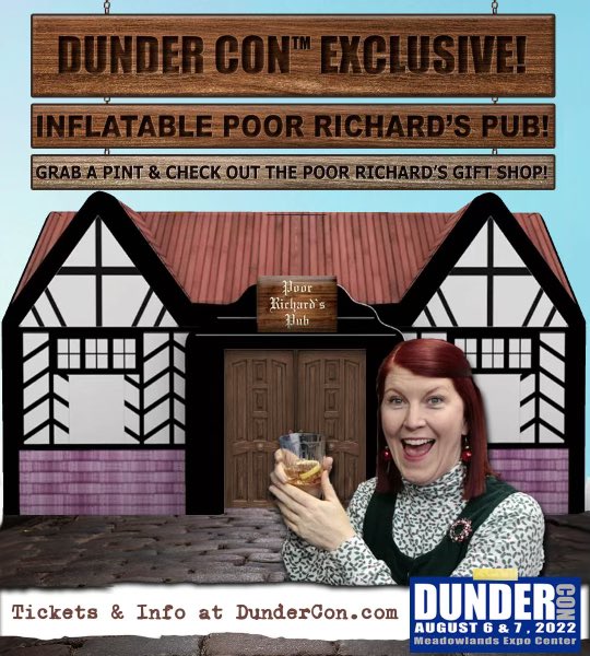OfficeReunion's tweet photo. Grab a pint at the Poor Richards @dunder_con ! Drink with friends and check out our poor richards themed merch in our exclusive 550 sq ft Inflatable PUB! #dundercon #poorrichards @KateFlannery #TheOffice https://t.co/mfef6Ah3ke