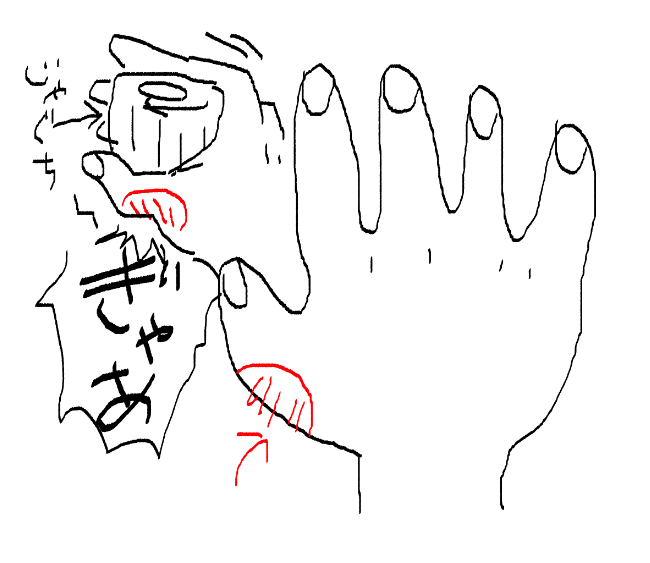 今の私の手こんなんなのよ
蛇口回そうとしたらなんか親指の付け根?あたりがぐにゃんグキィってなる…すごい慎重にまわさないとやばい 