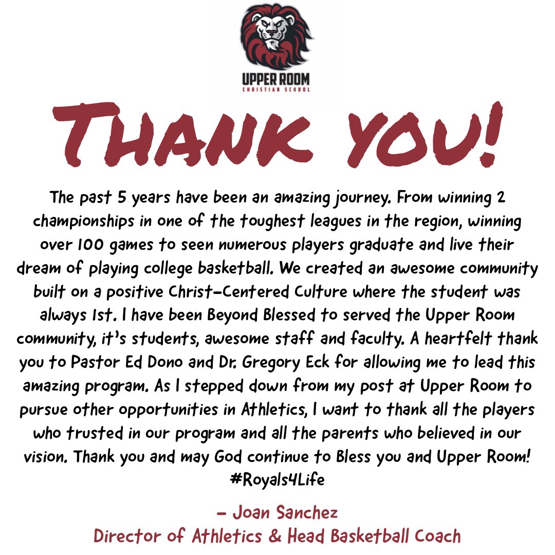 It’s been an amazing ride at Upper Room. So grateful to all the players, parents &amp; Long Island community who embraced our vision, culture and welcomed me &amp; my family with open arms. 5 years flew by. Thank You!