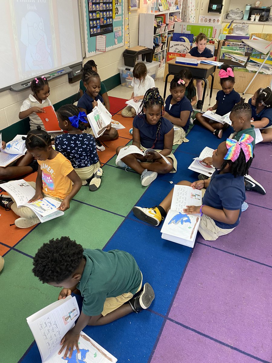 The books are in! Micaela Ross's first-graders at E.R. Dickson Elementary were excited to receive copies of their books on May 25. The class researched eagles, tigers and sharks to create a book that includes a class photo and reports from all 22 students. #LearningLeading