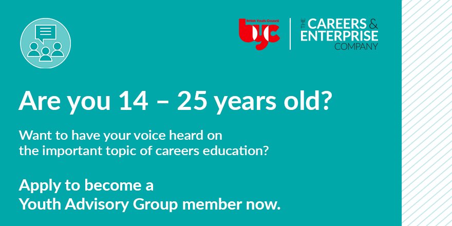 We’re seeking out the next cohort young people for the <a href="/CareerEnt/">The Careers & Enterprise Company</a>’s Youth Advisory Group. Make sure your voice is heard. 

Find out more: bit.ly/39RoAAN