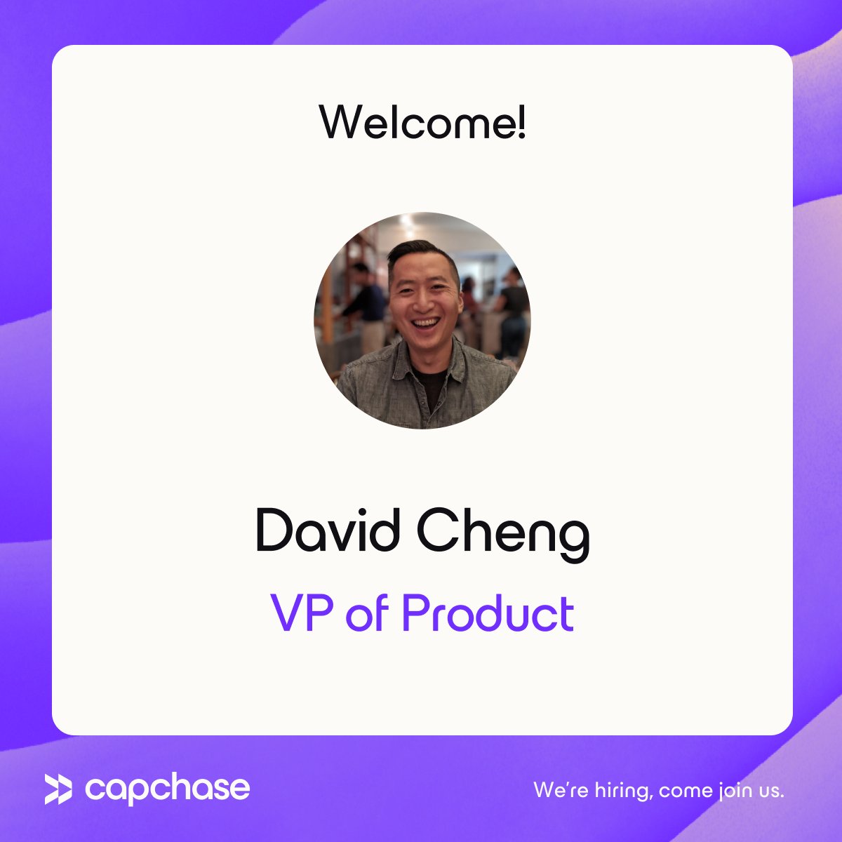 We'd like to give a warm welcome to @DavidPCheng to the Capchase team! 👋 He's joining us remotely from the SF Bay Area and will be leading the Product team. We're excited to have him onboard and take our financing tools to the next level 🚀