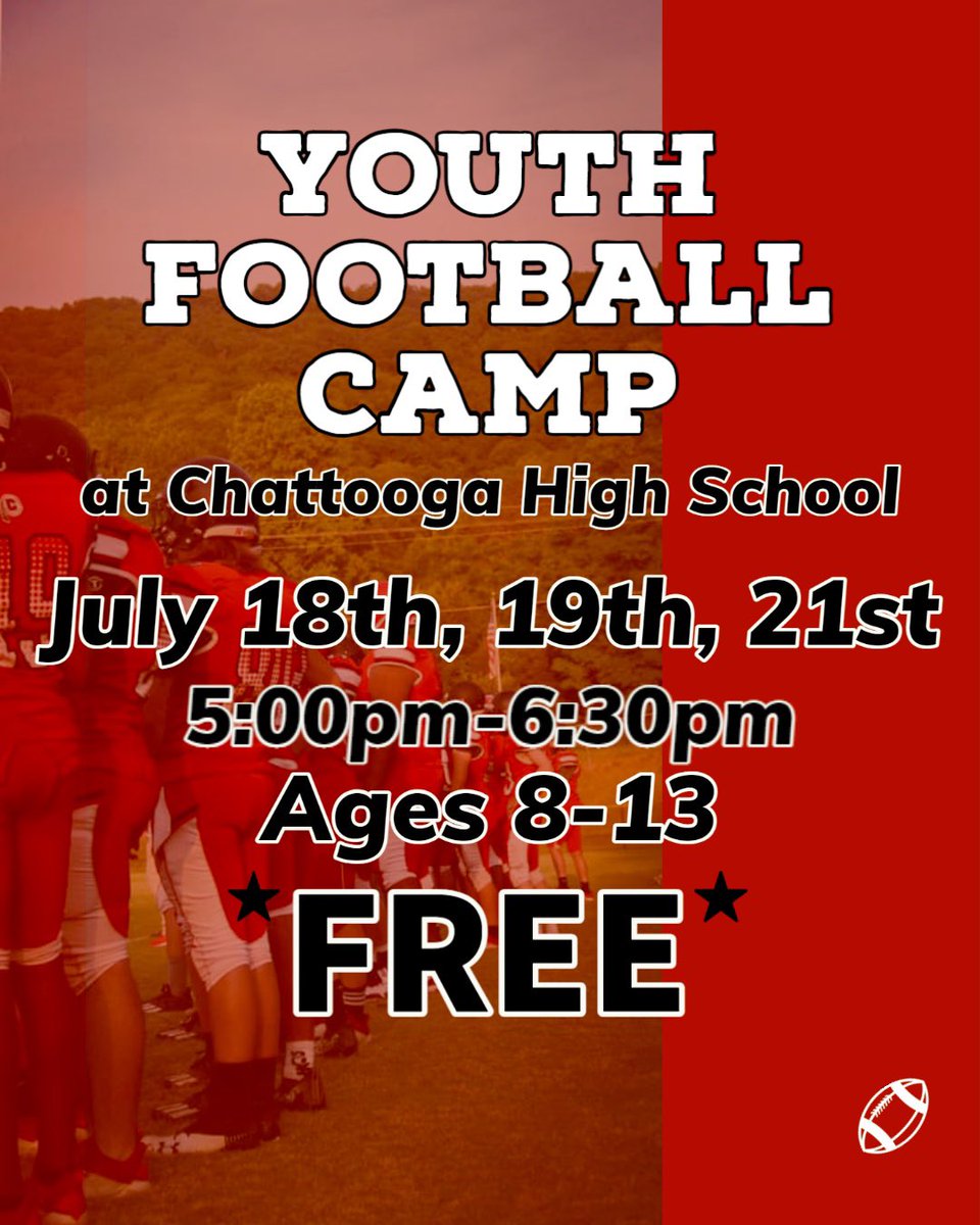 Chattooga Football (@chs_football21) on Twitter photo Free Youth Football Camp!
Email Coach Peek speek@chattooga.k12.ga.us with any questions! #onetribe Free Youth Football Camp!
Email Coach Peek speek@chattooga.k12.ga.us with any questions! #onetribe