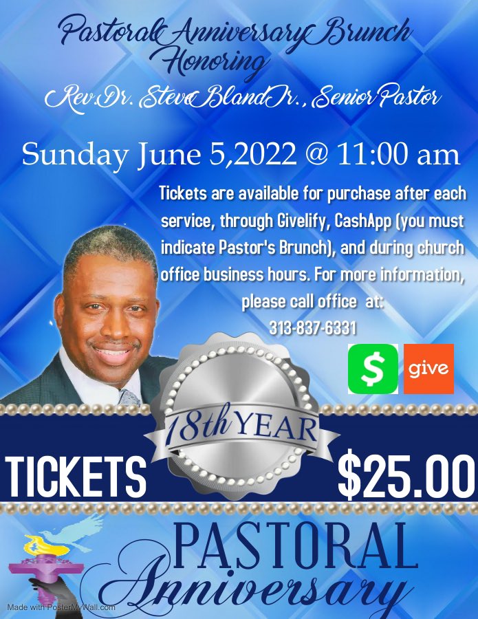 Hello Liberty Temple and friends! Please join us for a CELEBRATION BRUNCH on Sunday, June 5, 2022 at 11:00AM. TICKETS ARE JUST $25!!  You may purchase them thru Givelify, CashApp (please specify ‘Pastor’s Anniversary Brunch’) and our church’s office! Let’s make this a good one!!!