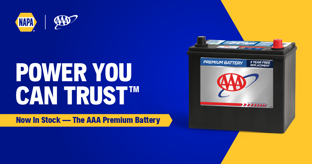 AAACEODoney's tweet photo. The AAA Premium Battery is here! Trusted by AAA members and backed by Limited Warranty that includes a 3-Year Free Replacement. Get yours now at NAPA AUTO PARTS and participating AAA Approved Auto Repair Centers. https://t.co/0EXLTT5aLT https://t.co/0PhRKnj8H7