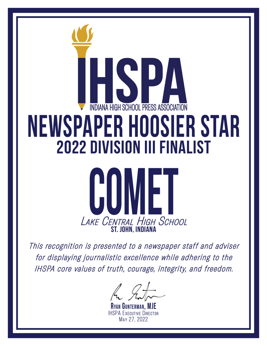 IHSPAnews's tweet photo. The next finalist for Hoosier Star division III is:

Comet newspaper (@LCHSnews) from Lake Central HS (@LC_School_Corp) 

CONGRATULATIONS! https://t.co/hUcc9BlfGY