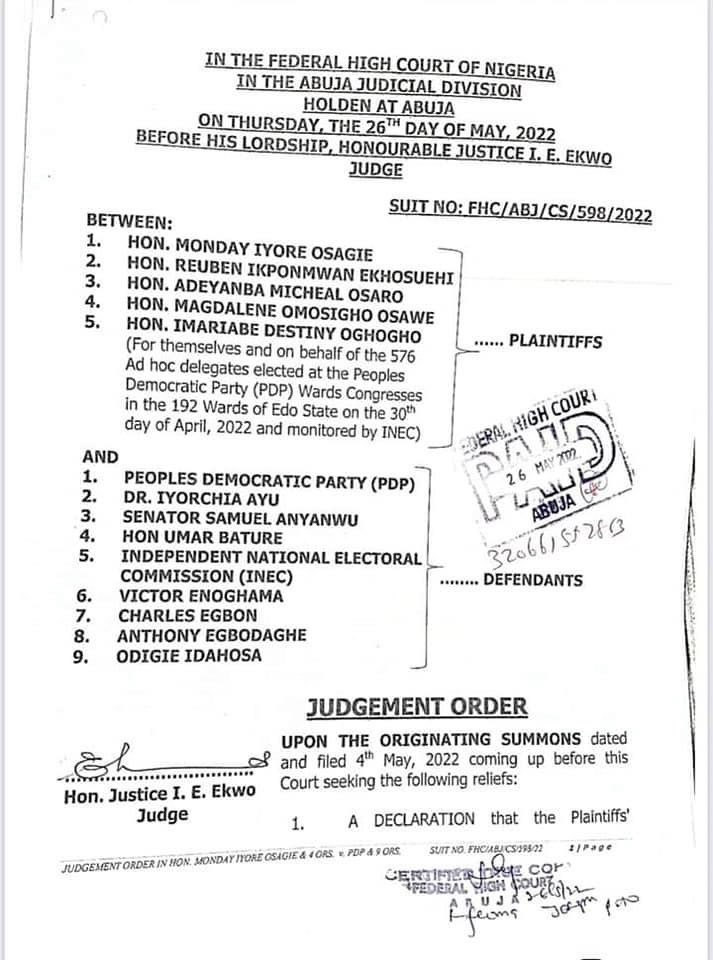 only1topboyy's tweet photo. BREAKING NEWS:
Federal High Court has ordered that Chief Dan Orbih's Adhoc delegate is the AUTHENTIC delegate.
Edo State is 100% for Nyesom Wike.
#Wike2023 https://t.co/lUX9B89vyj