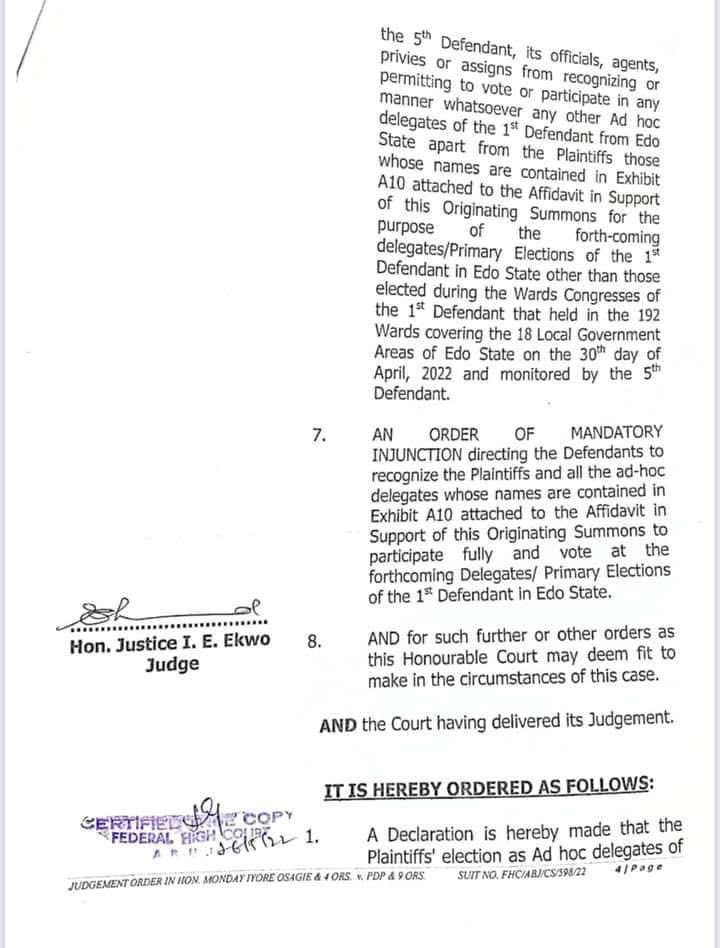 only1topboyy's tweet photo. BREAKING NEWS:
Federal High Court has ordered that Chief Dan Orbih's Adhoc delegate is the AUTHENTIC delegate.
Edo State is 100% for Nyesom Wike.
#Wike2023 https://t.co/lUX9B89vyj
