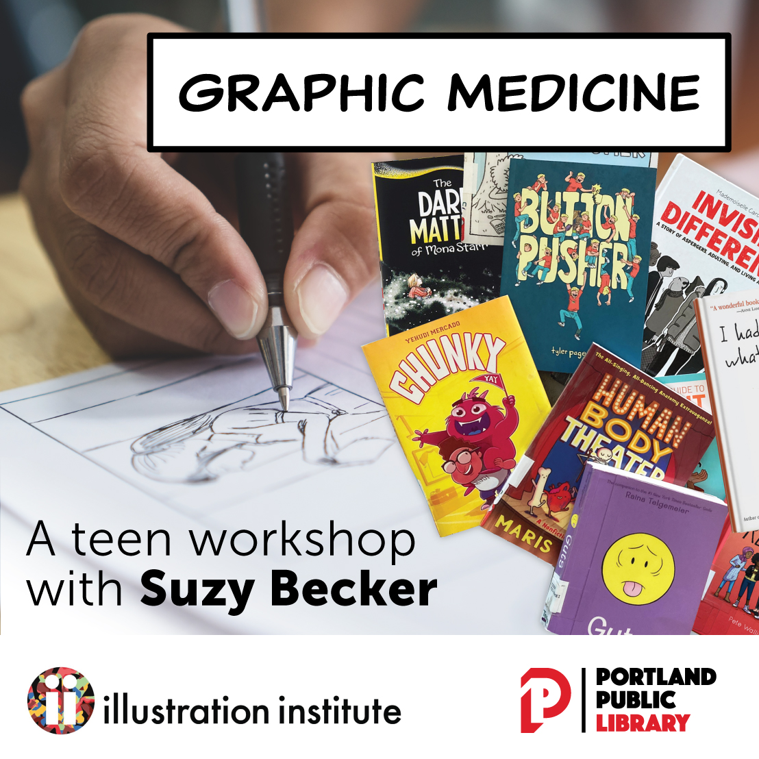Check out this great opportunity! Register for our free Teen Graphic Medicine Workshop with Cartoonist Suzy Becker, in partnership with the <a href="/ii_illustration/">illustration_institute</a> <a href="/thesuzybecker/">Suzy Becker</a>

Learn more &amp; register TODAY!  portlandlibrary.com/series/teen-gr…