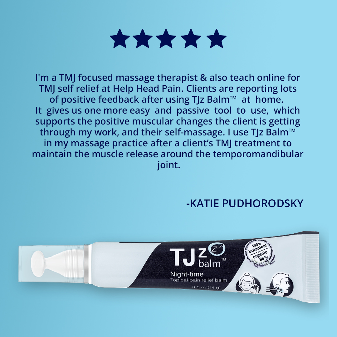 TjzBalm's tweet photo. "I'm a TMJ-focused massage therapist &amp; also teach online for TMJ self relief at Help Head Pain. Clients are reporting lots of positive feedback after using TJz Balm™ at home."~ Katie Pudhorodsky 

#relax #tmj #tmd #teethgrinding https://t.co/icv8dFHvO3