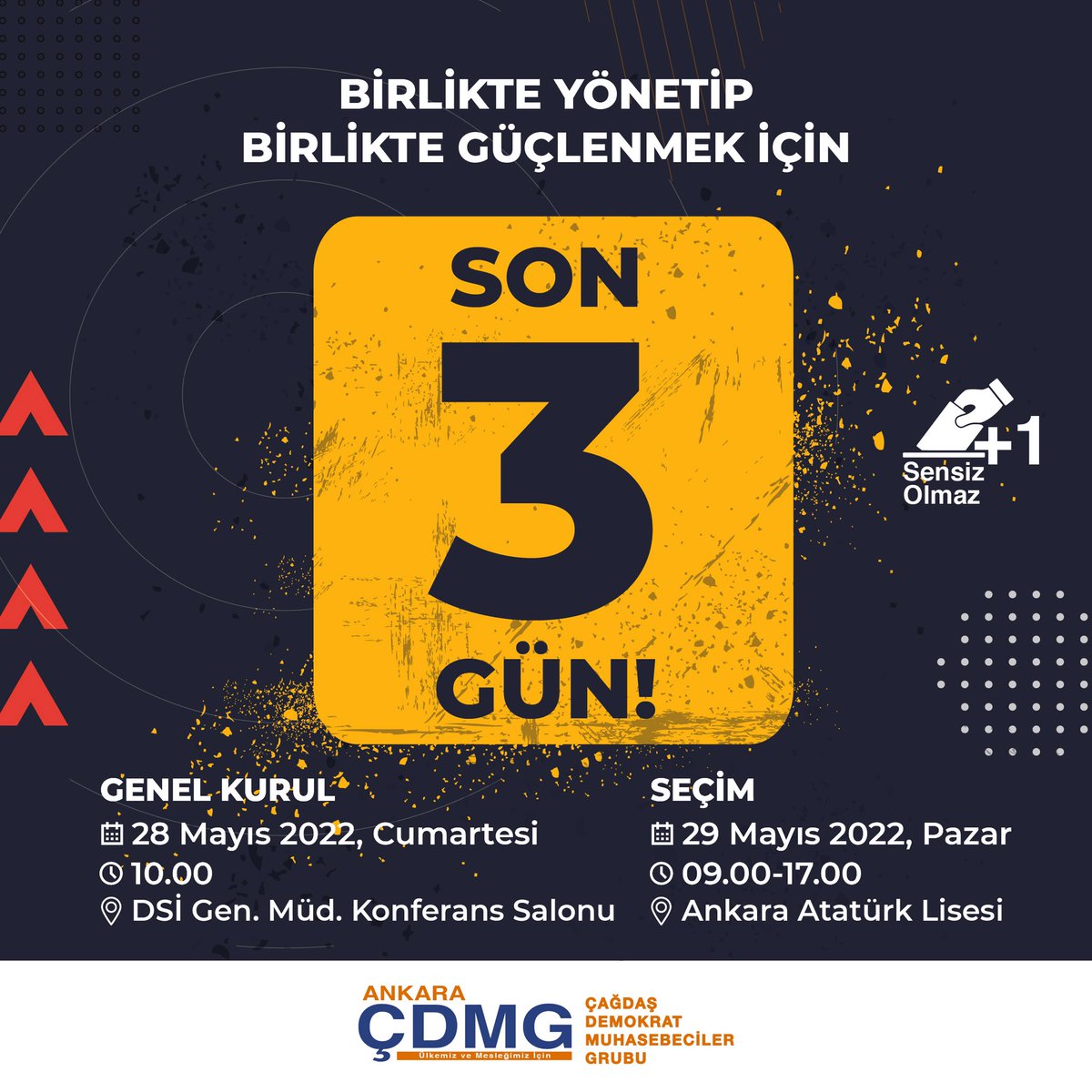Birlikte üretip birlikte güçleneceğimiz, aydınlık bir gelecek için son üç gün! 29 Mayıs’ta eşitlik, adalet ve demokrasiden yana olan tüm meslektaşlarımızın desteğini bekliyoruz. #AÇDMG #ÇDMG #ASMMMO #BirlikteÜreteceğiz #BirlikteYöneteceğiz #HazırızBuradayız #SensizOlmaz