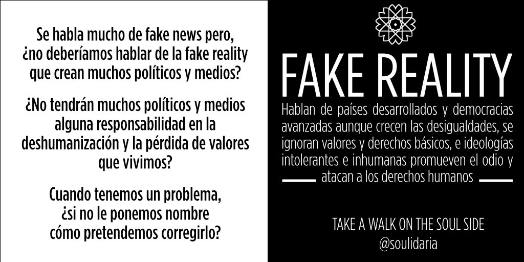 JoseMariaSoul's tweet photo. @tzantzi Se habla mucho de fake news pero, ¿no deberíamos hablar de la fake reality que crean muchos políticos y medios?
¿No tendrán muchos políticos y medios alguna responsabilidad en la deshumanización y la pérdida de valores que vivimos? https://t.co/PO3N0QoRAw