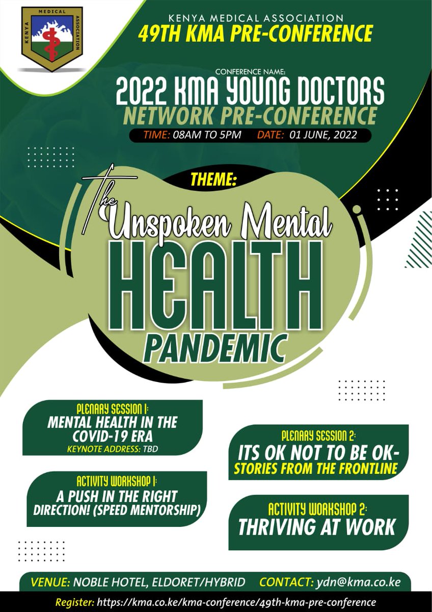 mcwangari's tweet photo. 5 days to actualize the @KenyaMedics_KMA mental health pre-conference that has taken us 2 years to plan (Due to COVID-19 & topic change due by Young Doctors)
Catch the agenda we have lined up here 👇🏾
#KMAYDNPreConf #49KMASC https://t.co/t0oWKQAnGn