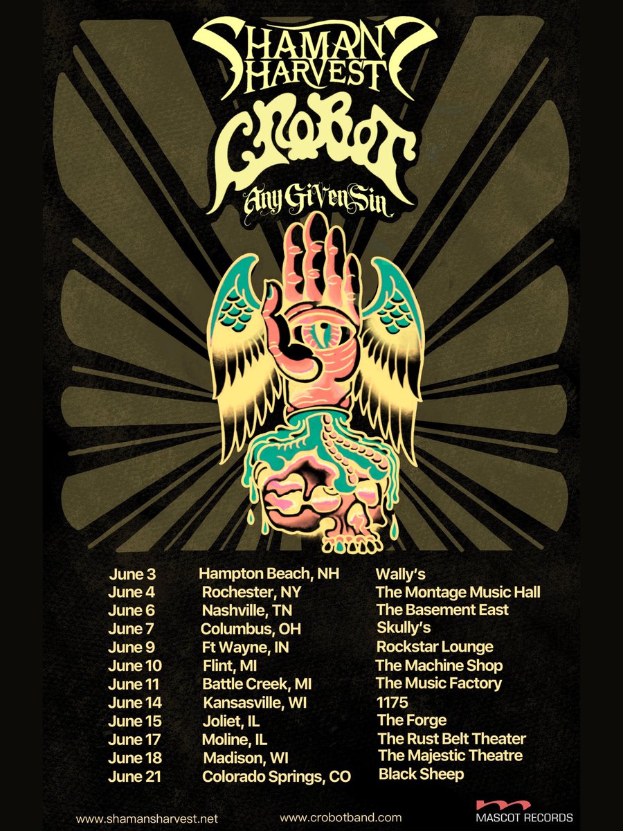 Just over a week until <a href="/shamansharvest/">Shaman's Harvest</a>, <a href="/Crobotband/">Crobot</a> and <a href="/anygivensinband/">Any Given Sin</a> hit the road across the US! Be sure to grab your tickets now 🎟️