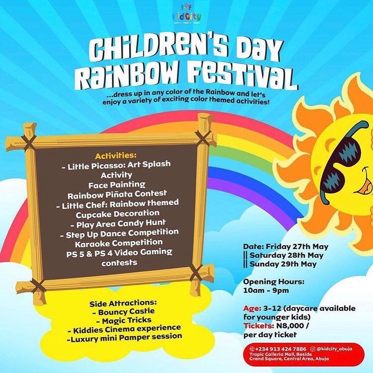 Abuja_Facts's tweet photo. CHILDREN’S DAY EVENTS HAPPENING THIS WEEKEND IN ABUJA‼️

Kids &amp; Teens Funfair
📍Ceddi Plaza

Costume party
📍Play World, Abuja

Rainbow Festival
📍Tropic Galleria Hall, Abuja

Family Day Out
📍Little Mates Park, Abuja

Check the flyers and tags for more details.
#AbujaEvents https://t.co/3vyMQMJfZL