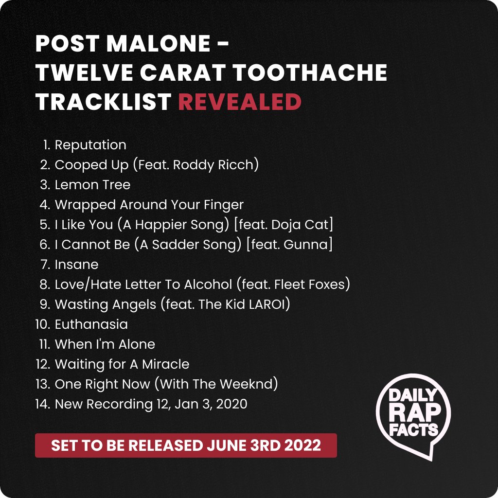 Full tracklist for Post Malone's upcoming album 'Twelve Carat Toothache' has been revealed via Apple Music metadata.

14 tracks, 43 minutes in duration. 

Dropping June 3rd👀
