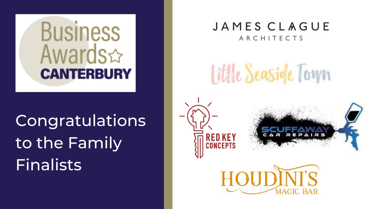 Congratulations to the Family finalists <a href="/AwardsKent/">BusinessAwardsKent</a> #Canterbury <a href="/JamesClagueArc1/">James Clague Architects</a> <a href="/BarHoudinis/">Houdini's Magic Bar</a> @RKC_DesignBuild  Little Seaside Town, Scuffaway. Well done and good luck to you all. Winners announced at Gala Dinner <a href="/AshfordIntQ/">AshfordInternational</a> 29 June Chaired by <a href="/vanillaweb/">Paul Andrews</a> businessawardskent.co.uk