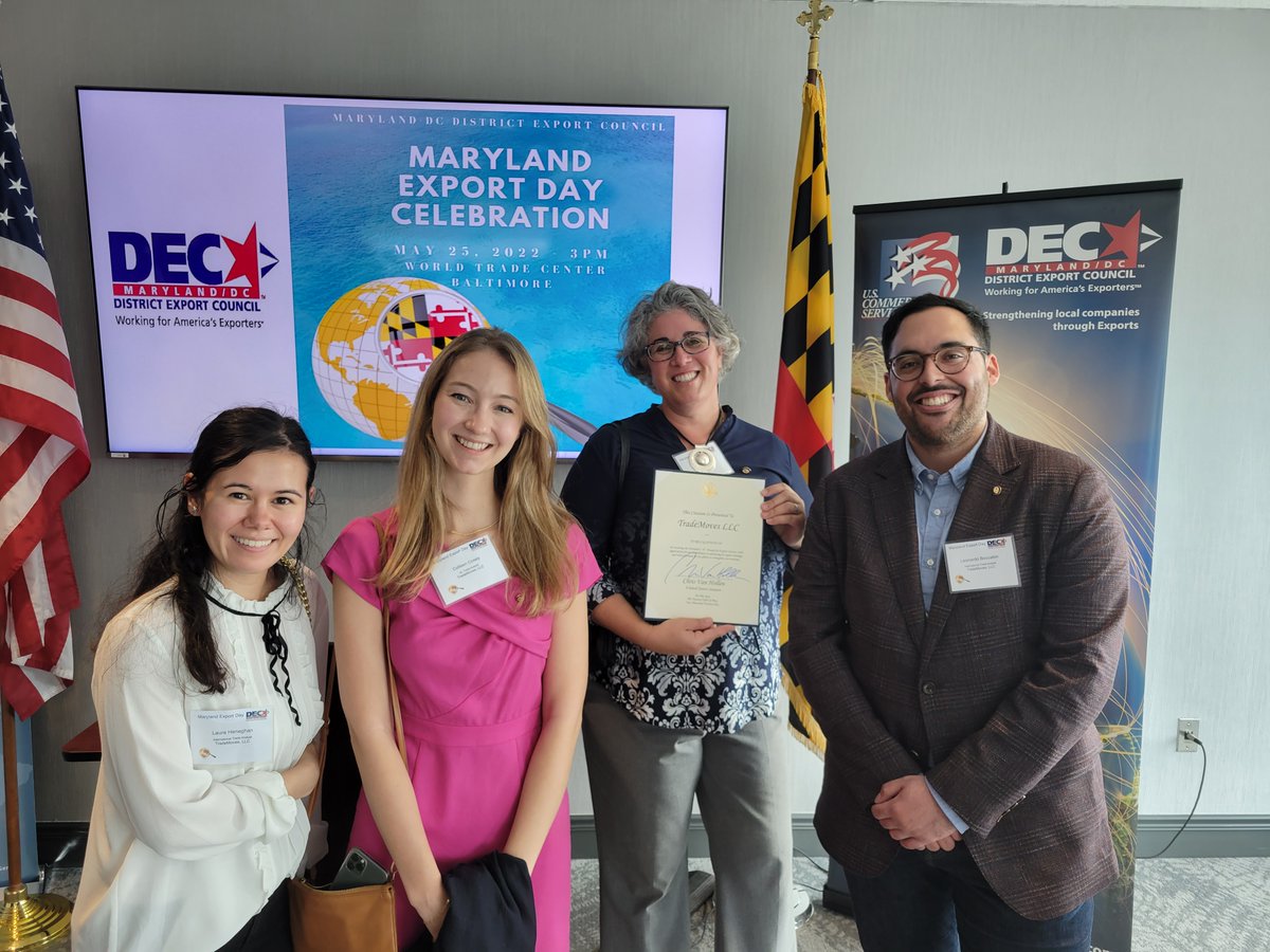 ShawnJarosz's tweet photo. Delighted @TradeMoves team could celebrate Maryland Export Day w/ UnderSec Marisa Lago, Aisha Booker &amp; Michael Jackson from @ExportGov and DepSec Signe Pringle from @MDBiz.  Thank you @ChrisVanHollen &amp; Elonna Jones for the shout out to our team for the E-Award for Export Service. https://t.co/ZdYyuuVXJk