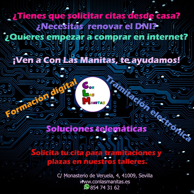 CLManitas's tweet photo. ¿Necesitas ayuda para hacer trámites? ¿Quieres usar tu Certificado Electrónico? ¿Te apetece hacer la compra del super por internet?

¡En Con Las Manitas te ayudamos!

Contacta con nosotras para más info!

#sevilla #conlasmanitas #digital #taller #formación #certificado #ordenador https://t.co/iRD0R58EOr