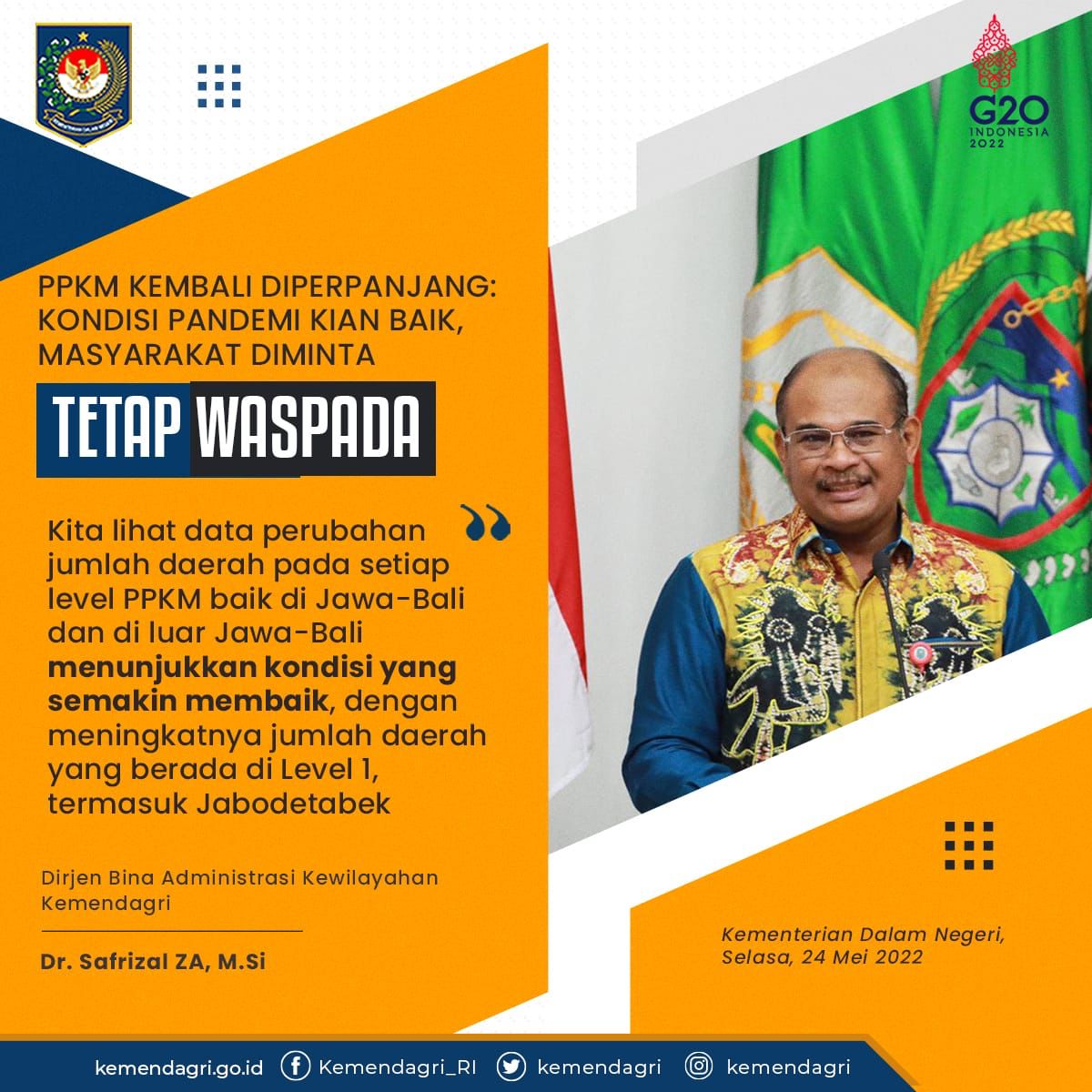 Double H (@hanahanyfa) on Twitter photo Perpanjangan PPKM di luar Jawa-Bali juga mengalami kondisi ini, naiknya jumlah daerah yang berada di Level 1, dari semula 88 daerah menjadi 170 daerah.
<a href="/kemendagri/">Kementerian Dalam Negeri</a> Perpanjangan PPKM di luar Jawa-Bali juga mengalami kondisi ini, naiknya jumlah daerah yang berada di Level 1, dari semula 88 daerah menjadi 170 daerah.
<a href="/kemendagri/">Kementerian Dalam Negeri</a>