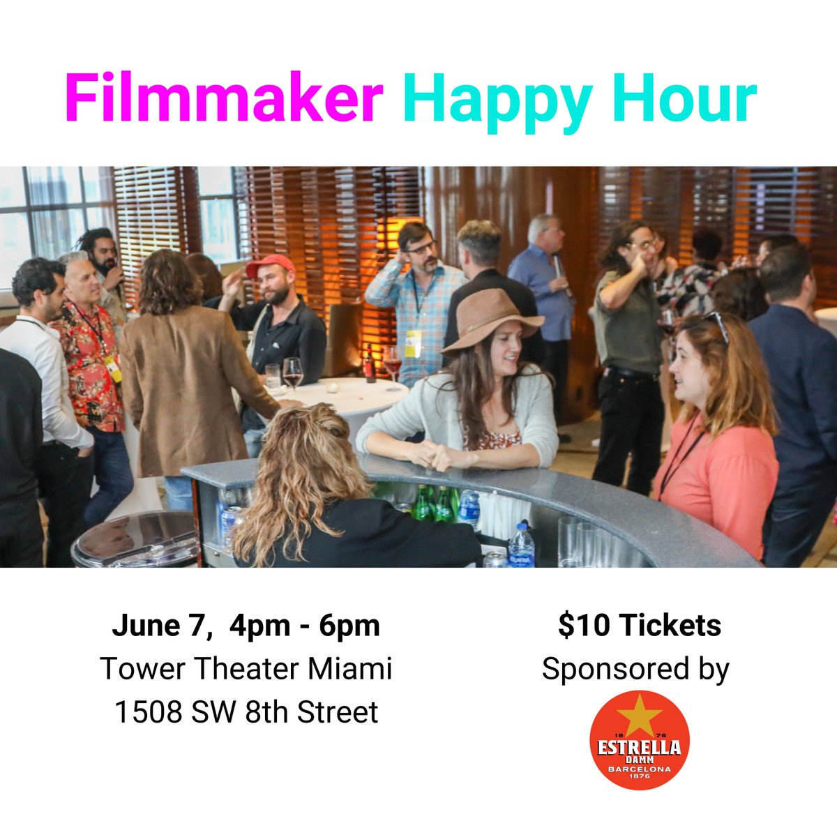 Join us and @miamifilm for Happy Hour, June 7th from 4-6pm at @towertheatermiami, 
Tickets are $10 and includes beer from @estrelladamm. Purchase them at: bit.ly/3MMIFH0
#happyhour #madeinmiami #filmmaking #filmmakersworkingwithfilmmakers #filmmakers
#miamiarists #miami