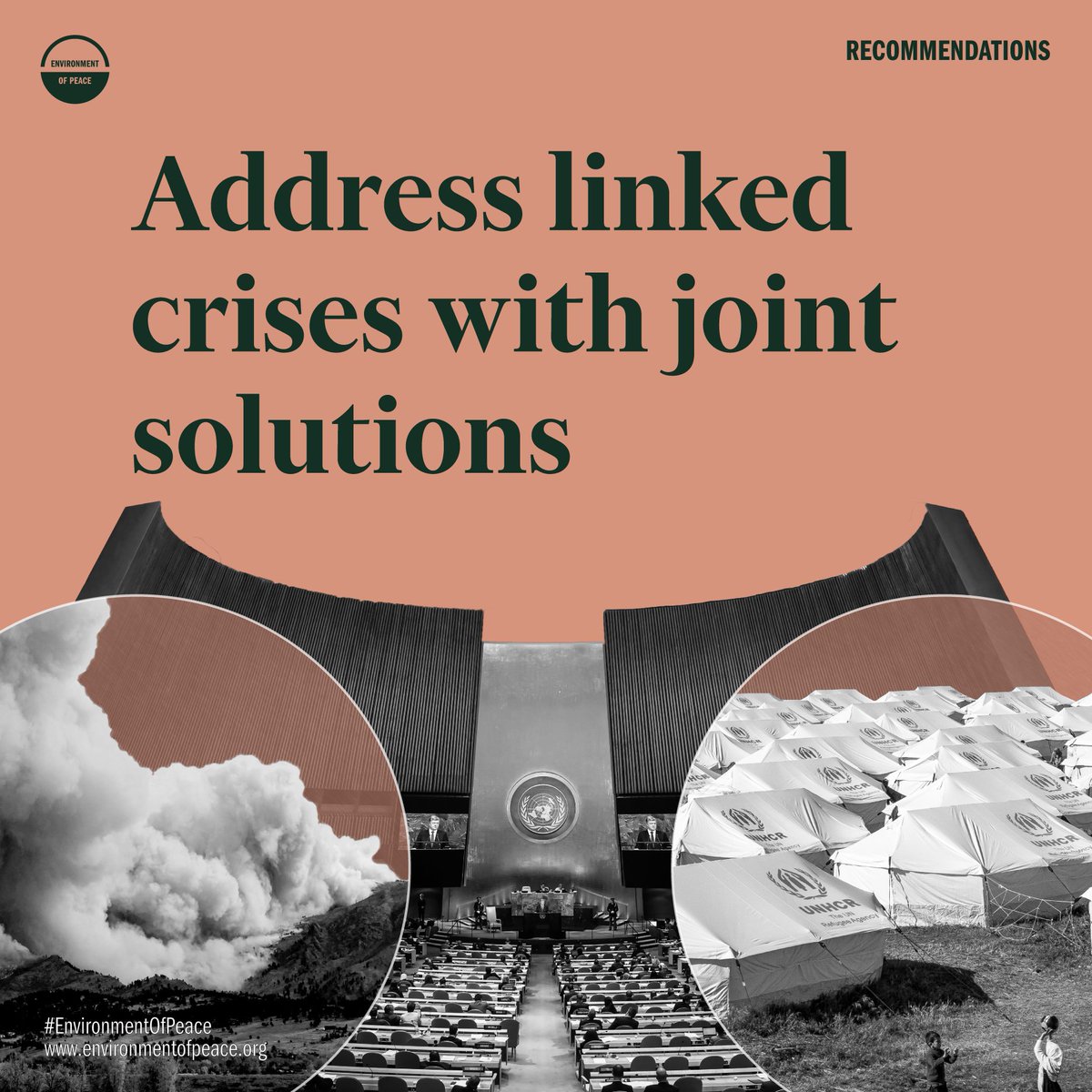 Recommendation 1️⃣ Address linked crises with joint solutions.

Governments and other decision-making organizations should ensure that measures addressing environmental problems also promote peace, and that measures addressing security issues also promote environmental integrity.