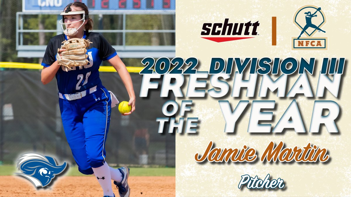 NFCAorg's tweet photo. 🚨 AWARDS ALERT: Congratulations to the 2022 
@schuttsports /NFCA Division III National Freshman of the Year Award recipient, @CNUSoftball's Jamie Martin! 🥎 
🔗 https://t.co/ceKYHCDfYs https://t.co/Tm4fz09IIV