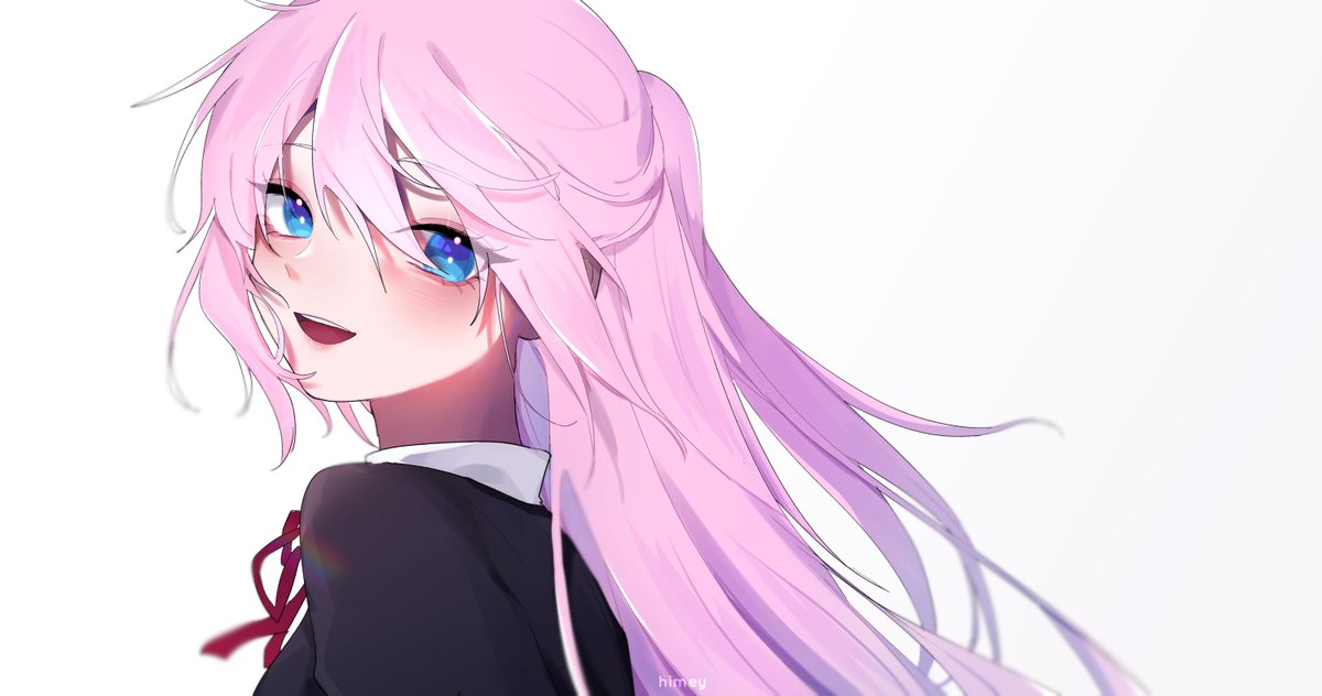 1girl pink hair blue eyes solo long hair looking at viewer white background  illustration images