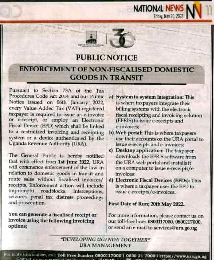 URAuganda's tweet photo. Major #TBThursday for Ugandan traders.

This public notice was published to alert the public about the enforcement operation focused on non-fiscalised domestic goods in transit.

Read the throw back again to equip yourself with the tools to be safe.

#FfeBanno https://t.co/VaxMBikyBz