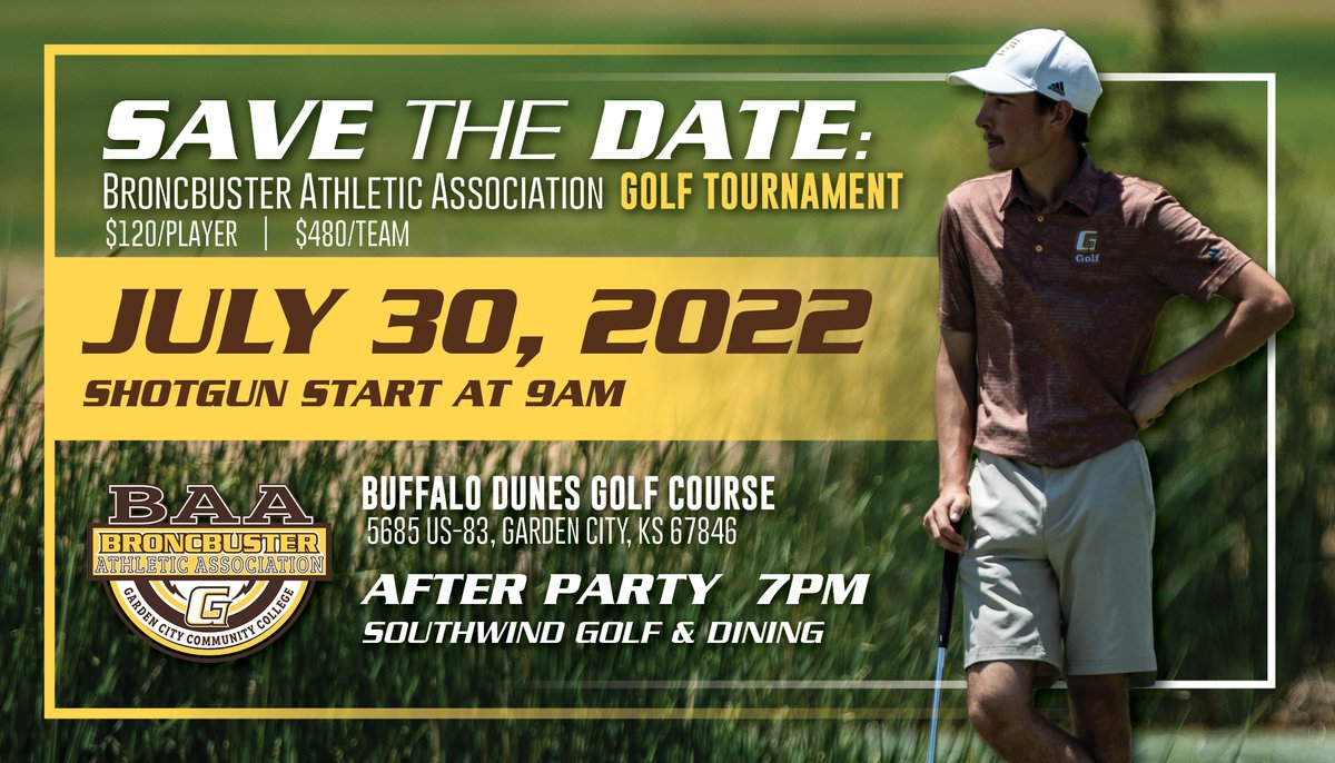 Registration now open for the 2022 Broncbuster Athletic Association Golf Tournament July 30, 2022 at Buffalo Dunes 9AM shotgun start. $120/Player. $480/Team Pay Online or call (620)276-9620 Form: gobroncbusters.com/BAA_Golf_Tourn… Brochure: gobroncbusters.com/2022_baa_golf_…