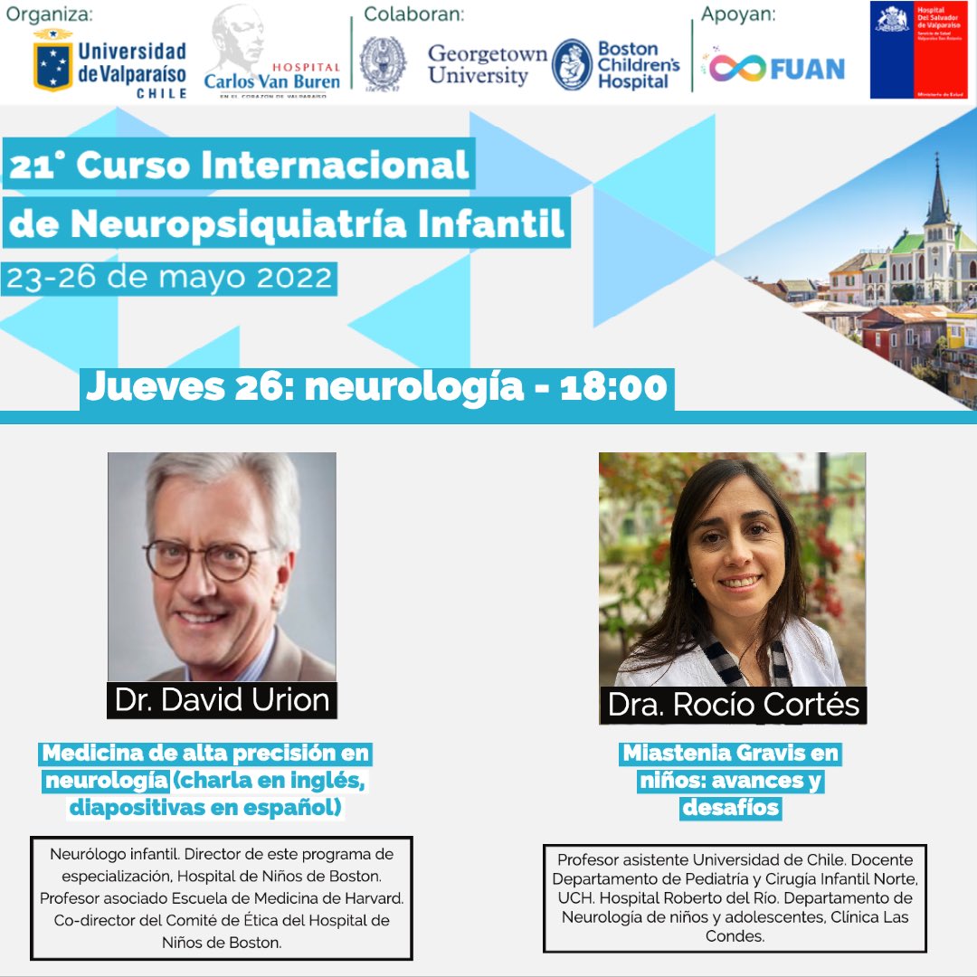 Agradecemos a todas y todos por asistir a nuestro curso.

Para hoy, en la última jornada, tenemos el agrado de presentar al Dr. David Urion y la Dra, Rocio Cortés.

Lla charla del Dr. Urion será dictada en inglés con diapositivas en español.

¡Les esperamos!