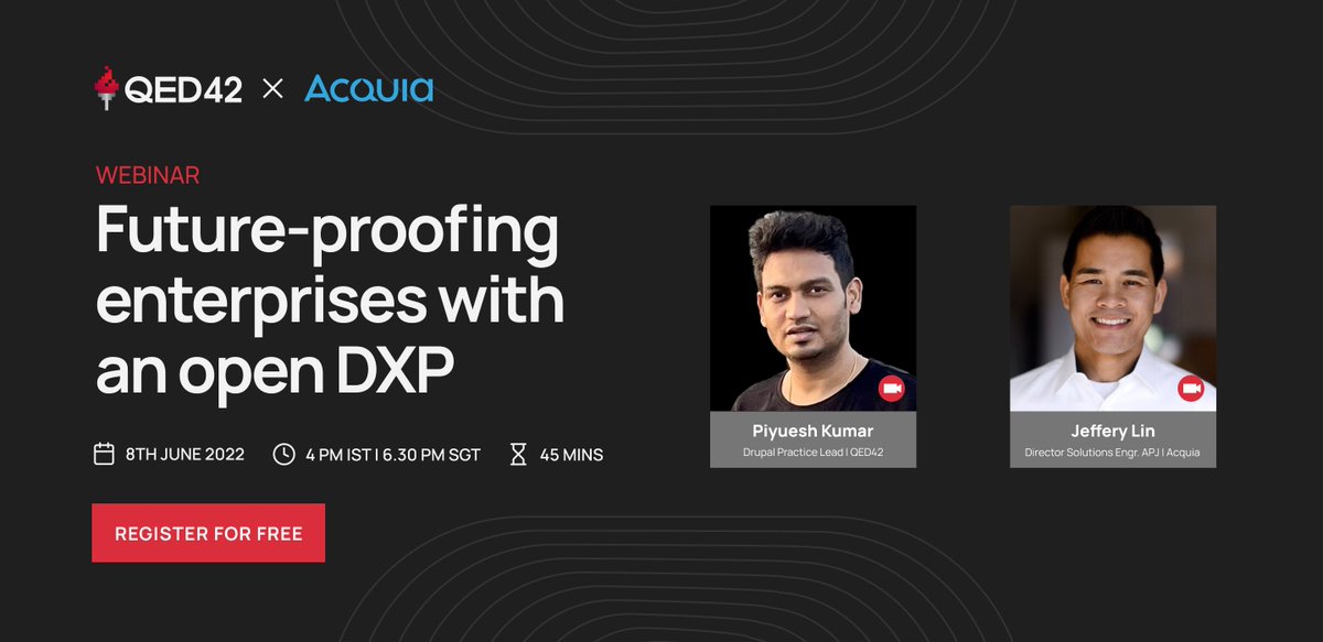 📢 Webinar Alert 
This June, get a chance to pick the brains of DXP experts from QED42 &amp; @Acquia at our live webinar!
Join <a href="/piyuesh23/">Piyuesh kumar</a> and <a href="/RazoGT/">Jeffrey Lin</a> to design and implement a sustainable future for your enterprise. 

👉 Register Now - bit.ly/3MQSgNb

#Webinar #OpenDXP #CX