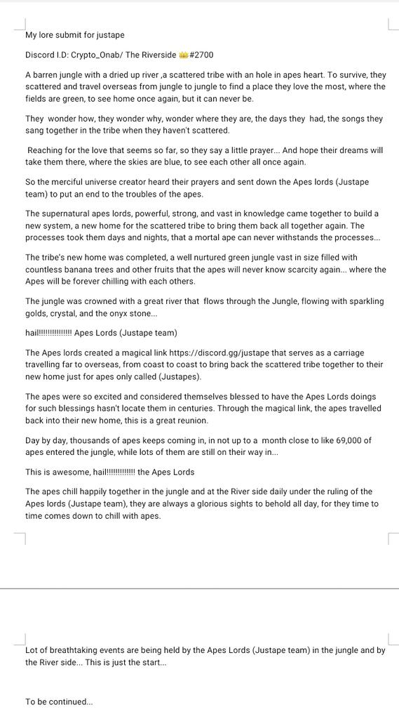 <a href="/justape_/">Ape. 🍌</a> 
I am so apish, and I really contribute and take part in the great project, so I wrote a lore on <a href="/justape_/">Ape. 🍌</a> 
I hope it is noticed
#apish #SolanaNFTs @_rabbels_ @GroovyNFTs <a href="/Cryptochanzy/">Chanzy</a> <a href="/hyblinxx/">Hyblinxx</a> <a href="/dannymanhi/">danny</a> @RoninwarXZG <a href="/embroidery_boy/">EmbroideryBoy.</a>