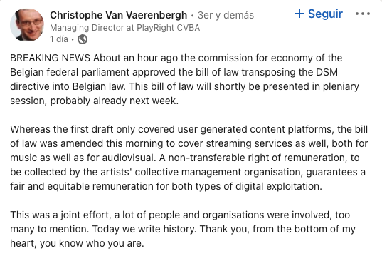 Will send on Tue, May 31, 2022 at 1:52 PM
Yesterday, the commission for economy of the Belgian federal parliament approved the bill of law transposing the DSM directive into Belgian law. 👏👏 Congrats <a href="/DeMuziekgilde/">De Muziekgilde</a> <a href="/PlayRightbe/">PlayRight</a>