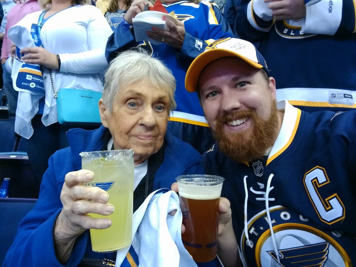 justfreeman's tweet photo. @StLouisBlues @firstcommunity @budlight Cheering with my kids, the youngest one born during 2019's cup run, and remembering my grandmother, an OG ticket holder who introduced me to the game and "got one before she died" #WeAllBleedBlue https://t.co/sJCLlgRcSa