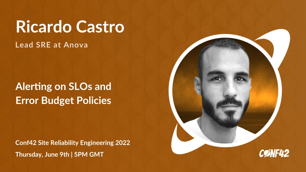 "Alerting on SLOs and Error Budget Policies" - a talk by <a href="/mccricardo/">Ricardo Castro</a>  - #Anova at Conf42 SRE 2022

Free RSVP: conf42.com/Site_Reliabili…

Join us online on June 09th - Conf42 SRE 2022
#sre #conference #register #conf42