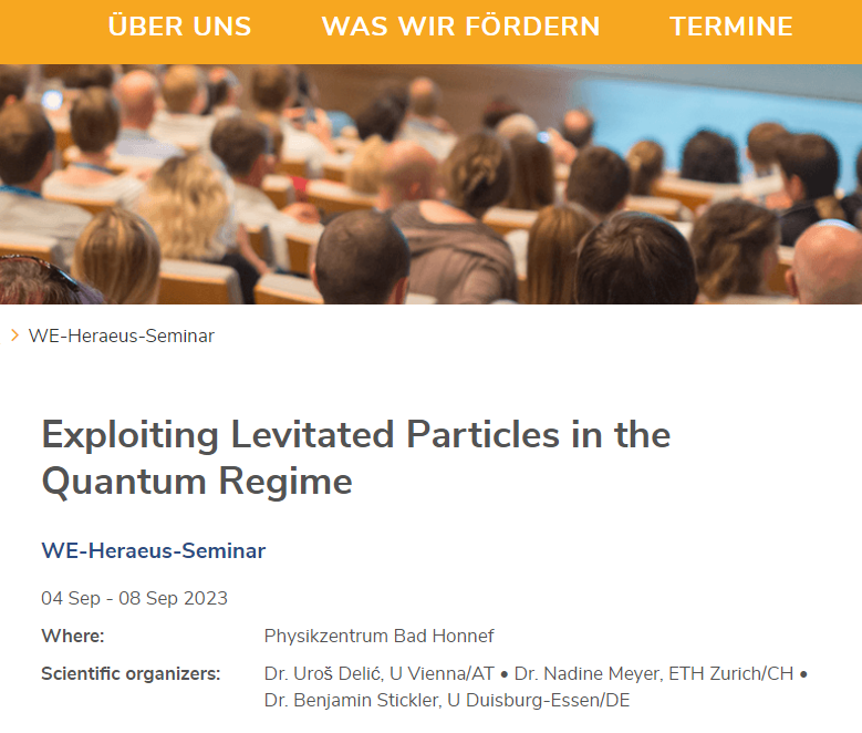 Nadine_Meyer_'s tweet photo. Excited to announce together with @stickler_ben  and @UroshDelic the WEH seminar "Exploiting Levitated particles in the Quantum Regime" happening 4th-8th of Sept 2023 in Bad Honnef. Spread the word! #levitation #optomechanics

https://t.co/Pzkd85Mh6D https://t.co/hlMV4oyHDJ