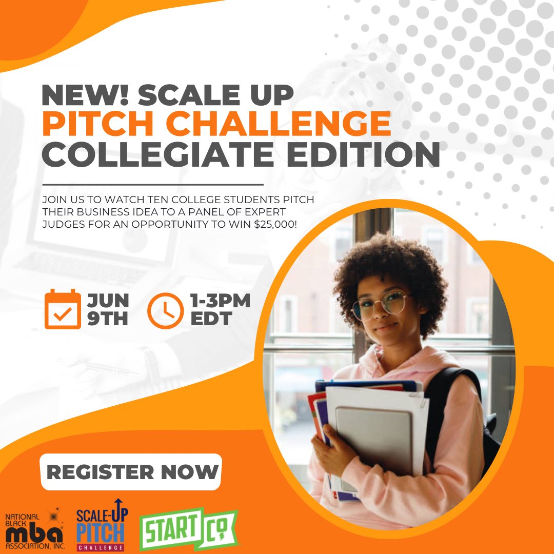nbmbaahq's tweet photo. Join us for “Scale Up Pitch Challenge - Collegiate Edition” to watch ten college students pitch their business/idea to a panel of expert judges with an opportunity to win $25,000! 😱

Register Now: https://t.co/2aWILlMJDU

#NBMBAA #TheBlackMBA #APromiseKept #scaleuppitchchallenge https://t.co/qpGnpRbgE1