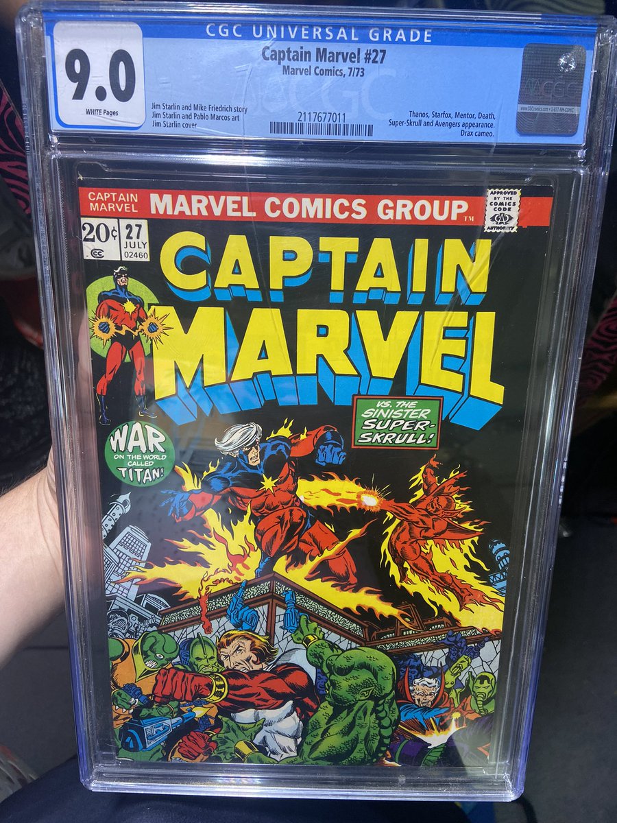 bakerycards's tweet photo. Captain marvel #27 cgc 9 white pages
1st fill appearance of starfox
Minor surface scratches on case

$420 shipped https://t.co/4m8quqJE2n