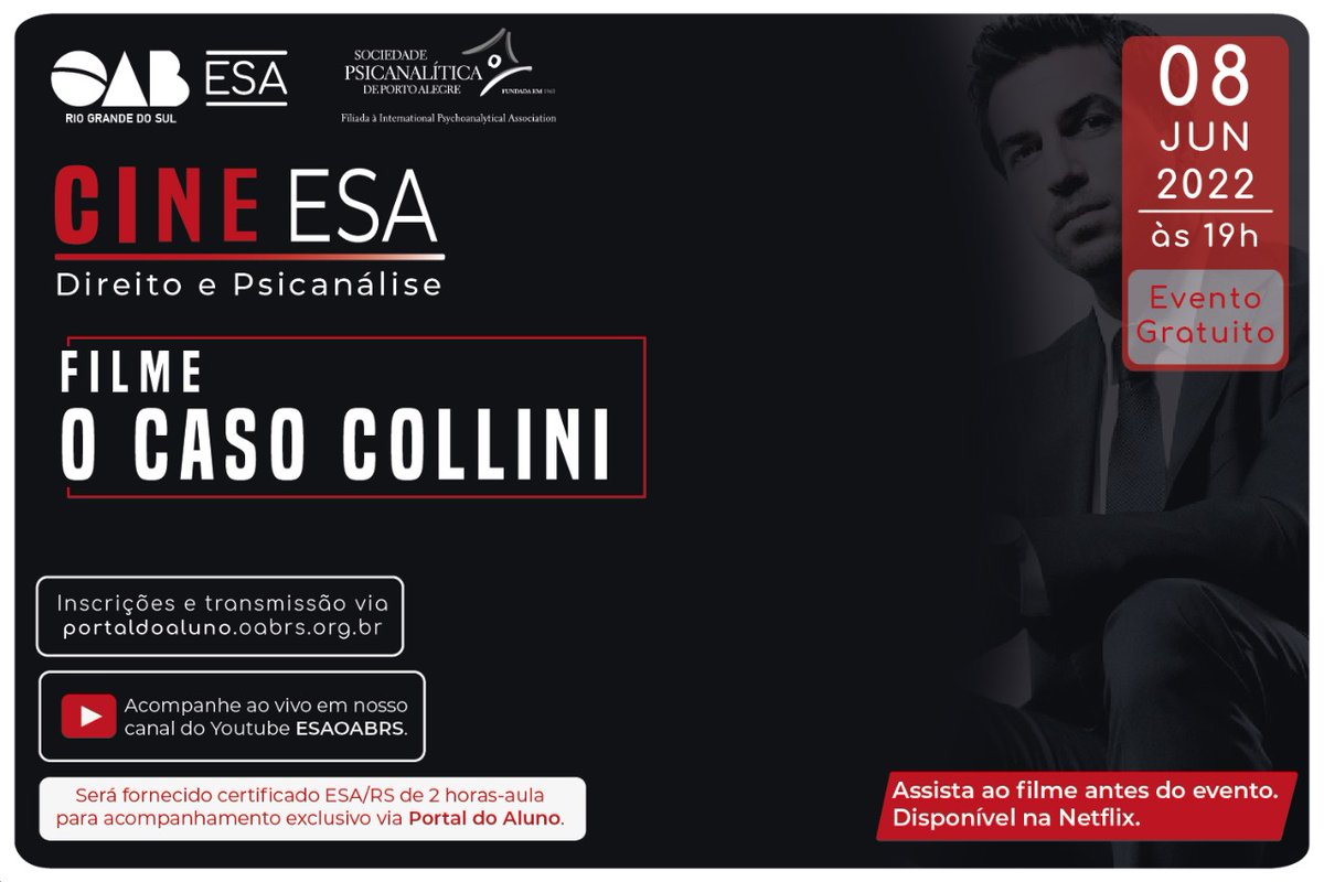 O Cine ESA realizará um debate sobre o filme: “O Caso Collini”. O longa é baseado em uma história real que aconteceu no começo dos anos 2000 na Alemanha. O filme está disponível na Netflix. Acesse: bit.ly/3MMTvwL