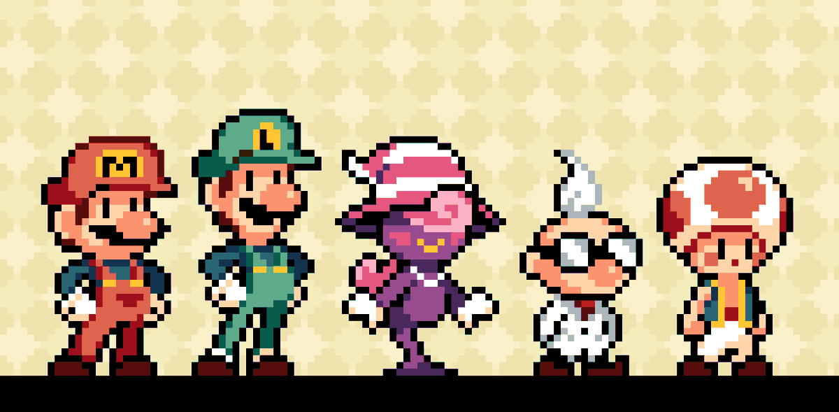 I wanted to draw a bit of Mushroom Falls again for fun so here's the main cast in pixel art!
#Mario #fanart #pixelart #ドット絵