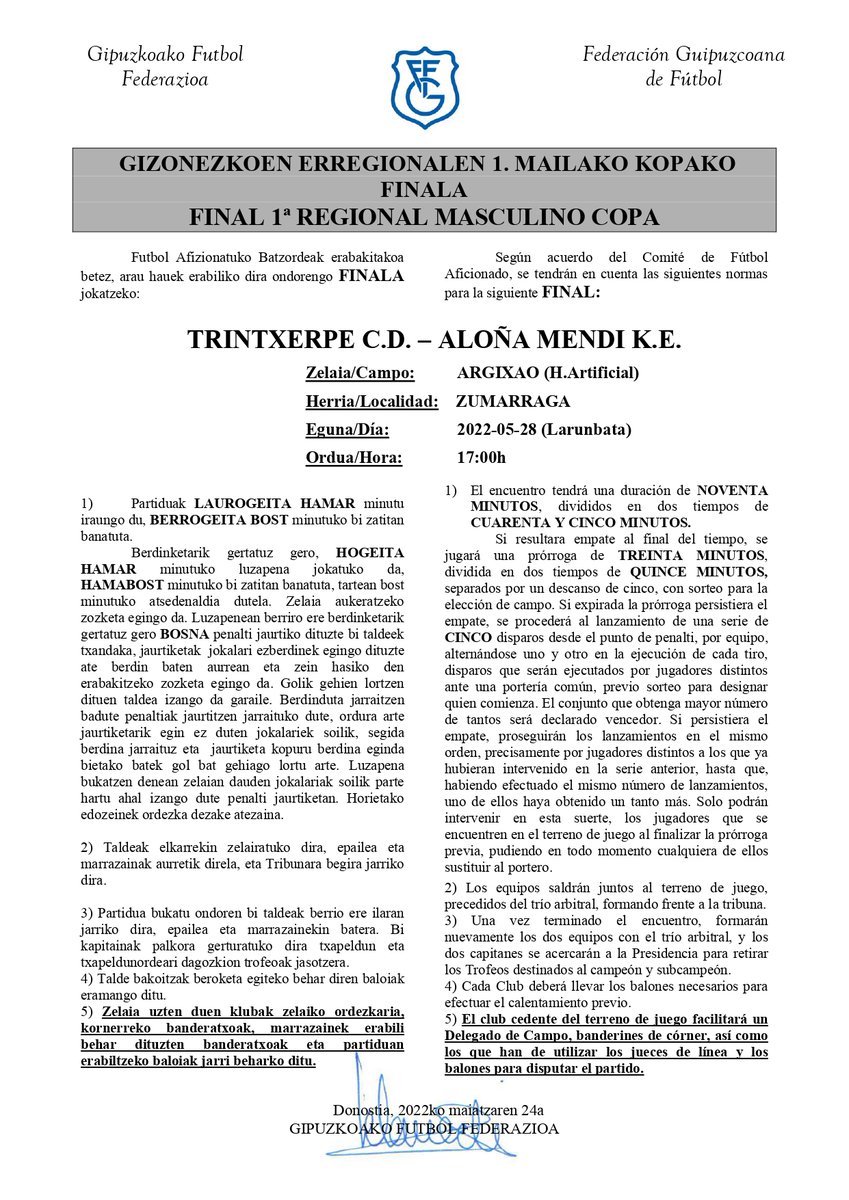 🏆 𝐆𝐈𝐙𝐎𝐍𝐄𝐙𝐊𝐎 𝐄𝐑𝐑𝐄𝐆𝐈𝐎𝐍𝐀𝐋𝐄𝐍 𝟏. 𝐌𝐀𝐈𝐋𝐀

⚽️ Kopako finala
⚔️ <a href="/CDTrintxerpe/">C.D. Trintxerpe K.E.</a> - @alona_futbola   
🗓️ Maiatzak 28, larunbata
⏰ 17:00
🏟️ Argixao (ZUMARRAGA)

Zorte on bi taldeei! 💪