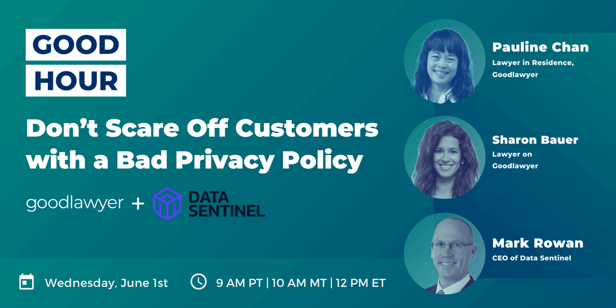 GoodlawyerInc's tweet photo. Next #GoodHour we’re joined by Data Sentinel Inc. to help you understand how to collect, store, and use personal information to ensure that your business practices follow applicable #privacylaws and regulations.
Register here: https://t.co/0GVaot0QDe https://t.co/MxUCSGY7Yv