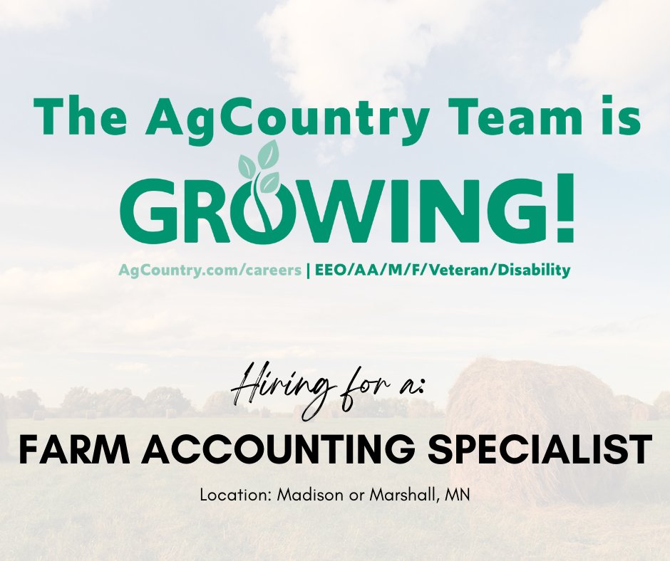 AgCountry's tweet photo. We are seeking a full-time Farm Accounting Specialist to join our team in either our Madison or Marshall, MN office. Visit our website to learn more or to apply: https://t.co/I6OXuaCIED https://t.co/KbafzxvbrE