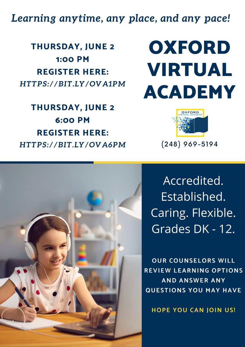 OxfordVirtual's tweet photo. Accredited, online schooling options with teachers who are caring, competent, and certified. Grades DK-12. Join us June 2 at 1PM or 6PM to ask questions and learn more. Register: https://t.co/5FkUZ3GmGs OR https://t.co/UEpZK0PlAi. We hope to see you soon! https://t.co/Fs8Ae8Oop1